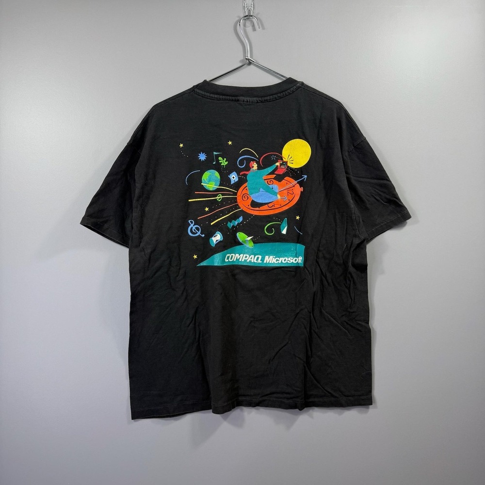Vintage Compaq Microsoft Journey Ahead Shirt Mens XL Black Space Graphic Tee